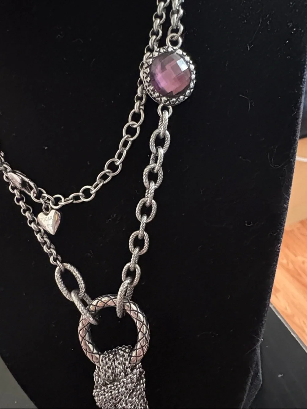 Stainless Steel Necklace With Tassel Pendant And Pink Accent - Picture 3 of 4